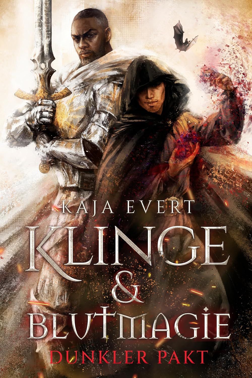 kb2 Cover von Klinge & Blutmagie - Dunkler Pakt: Ein Mann in weißer Rüstung mit Schwert und ein Magier in schwarzer Robe, der zaubert, stehen Rücken an Rücken, unterhalb der Titel-Schriftzug
