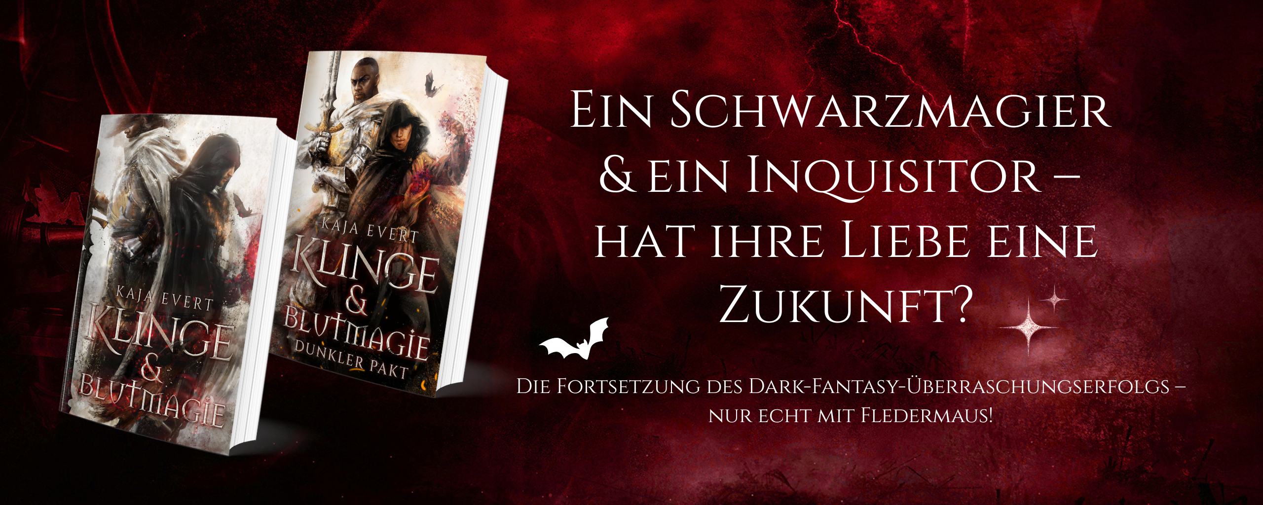 Banner_KB2 Banner für Klinge & Blutmagie 2: zwei Buchcover vor rotem Hintergrund