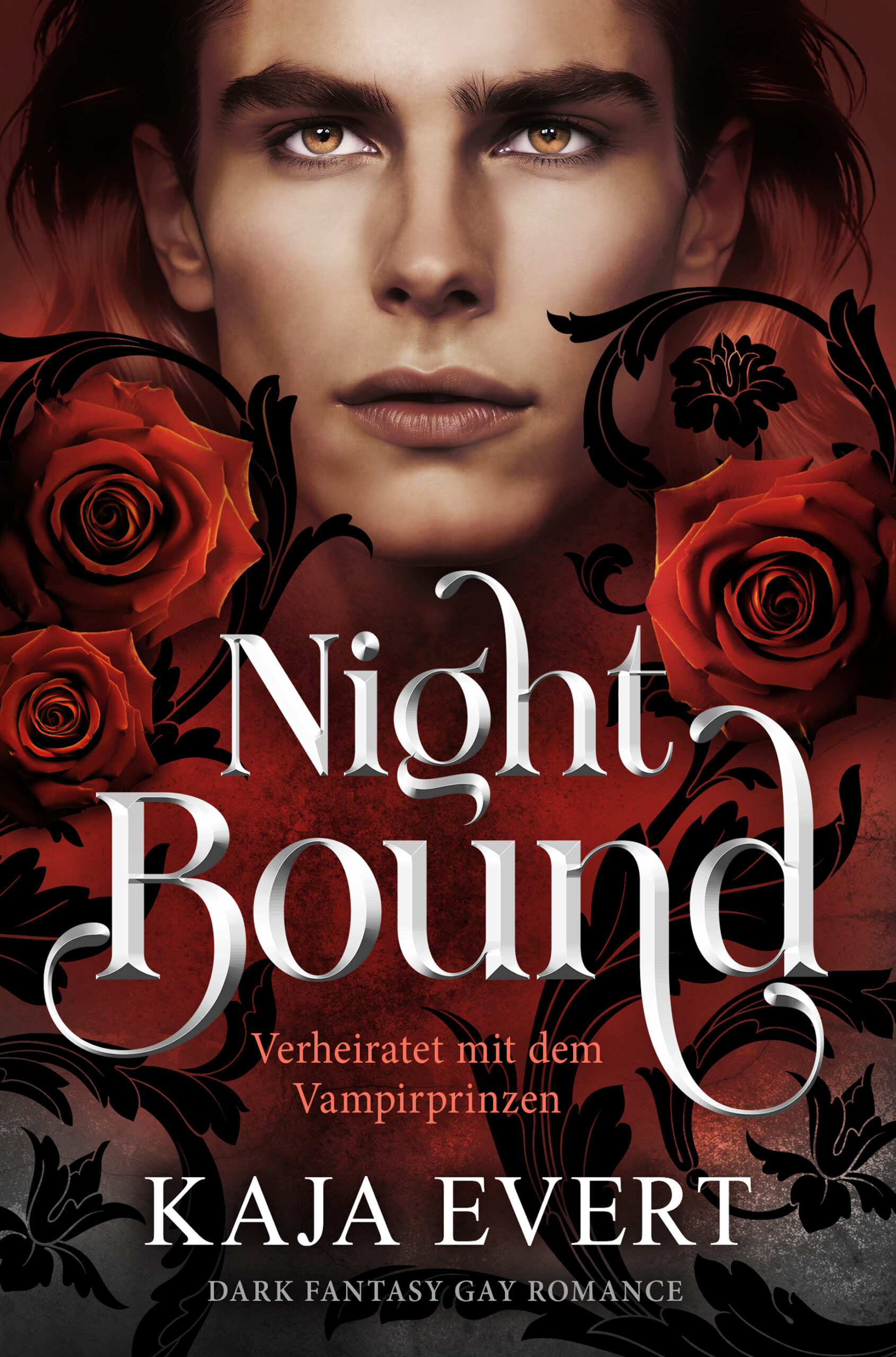 Cover zu "Nightbound" - der Kopf eines schönen jungen Mannes mit hellbrauner Haut, darunter der Titel-Schriftzug und rote Rosen